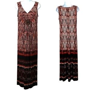 R&M RICHARDS Sleeveless Long Maxi Dress 10 V-neck Beaded Snakeskin Print Stretch